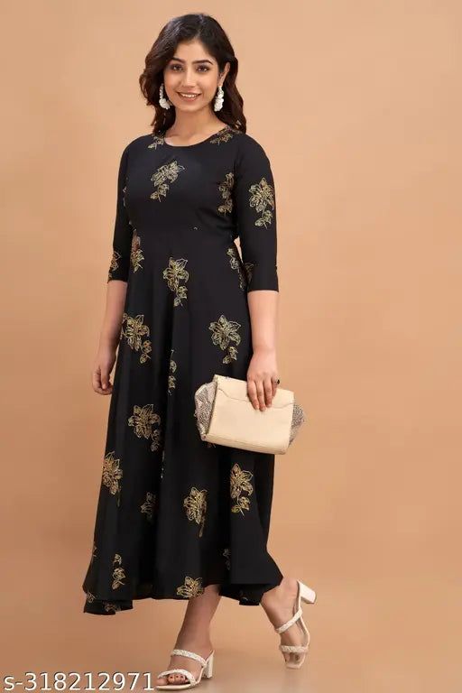 Rayon ethnic women's gown with printed combo, three-quarter sleeves, S-XXXL sizes available