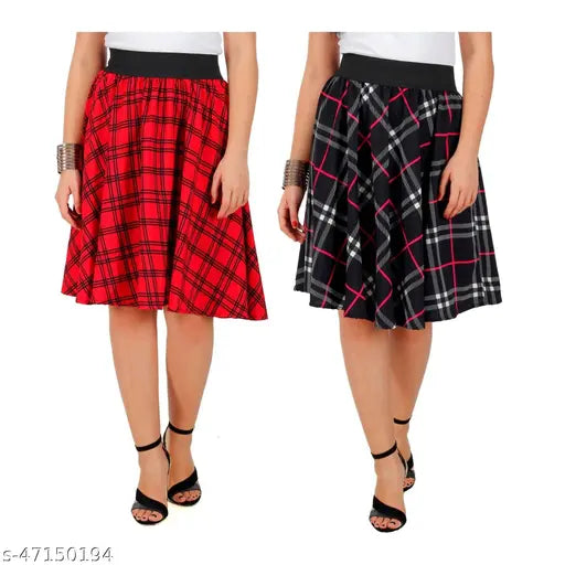 Red plaid midi skirt with side pockets, elastic waistband