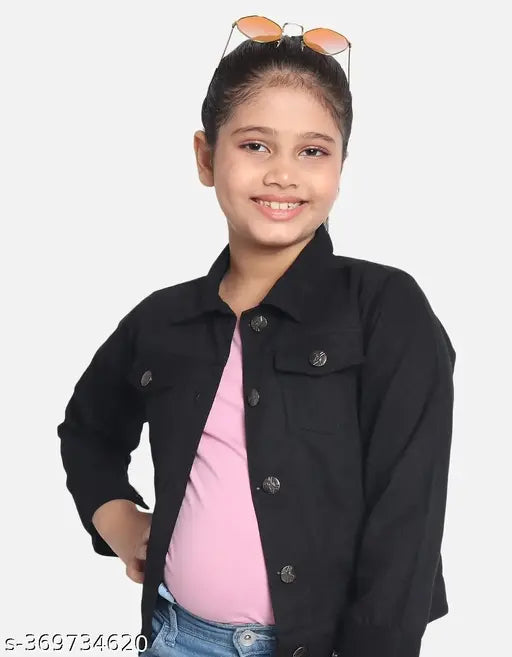 A black cotton solid kids jacket with long sleeves and a zipper closure