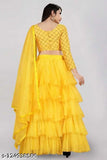 Silk blend ruffle net Lehenga Choli with embroidered top, lace dupatta, semi-stitched (43in/44in), pair with heels or flats. Traditional yet stylish Indian garment, origin India