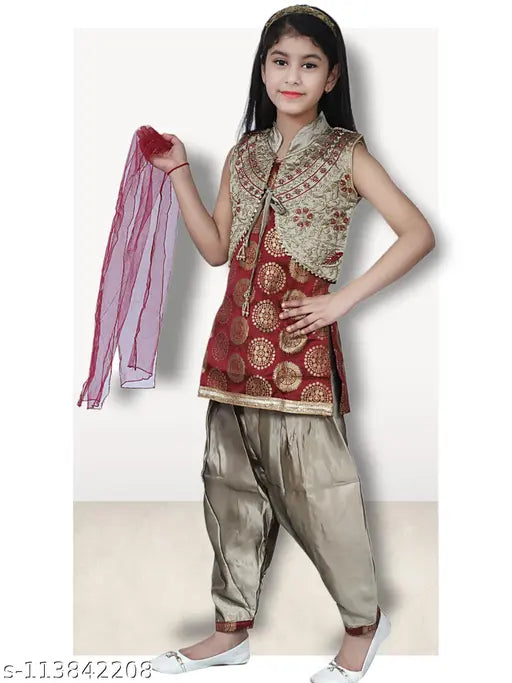 Georgette three-quarter sleeve party sharara with kurtas for girls (3-10 years), Indian ethnic wear for festivities