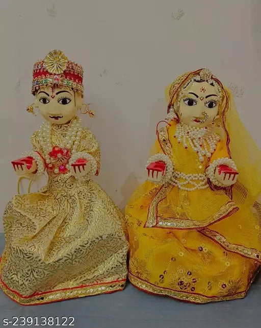 Handcrafted wooden Gangaur idol, 9in tall, yellow, made in India