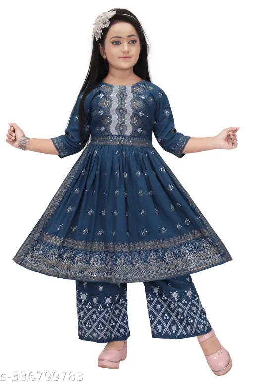 Blue Color Printed Kid Girls Rayon A-line Naira Cut Kurta set with matching palazzos, vibrant embroidery