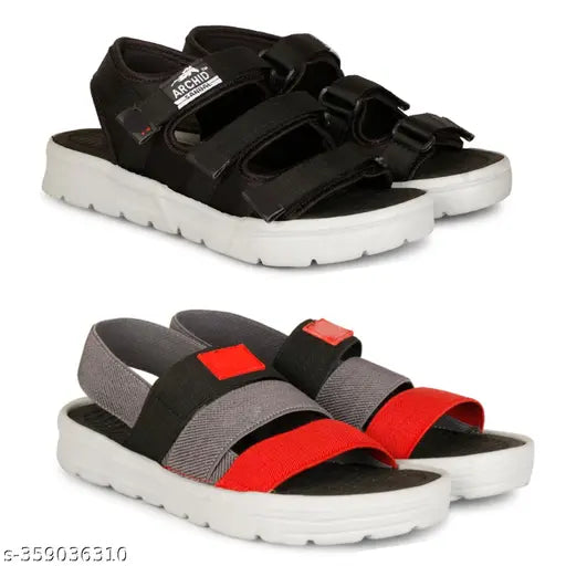 Black and red casual flip flops for boys, adjustable straps