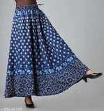 Gorgeous blue printed cotton maxi skirt, flared design with elasticated waistband and drawstring closure, Jaipuri print, size options available