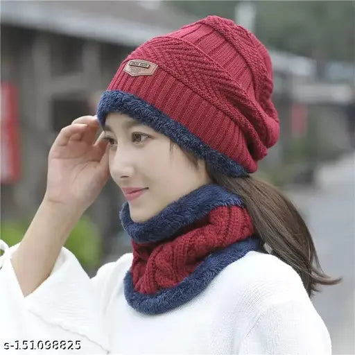 Red and blue knit beanie and matching muffler scarf set