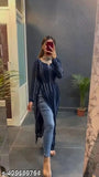 Navy blue printed georgette kurti, naira cut, mid-length, 3/4 sleeves