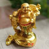 Brass Feng Shui Laughing Buddha sitting on dragon, Indian decorative showpiece for good luck and prosperity