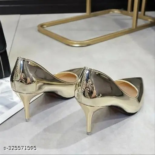 Metallic synthetic leather pointed toe high heels for evening wear, elegant and comfortable design