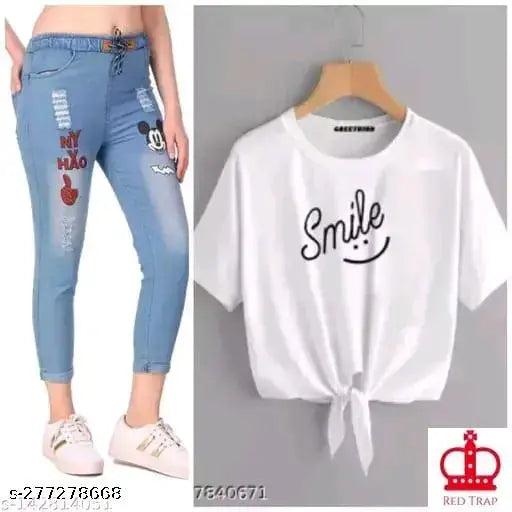 Cotton blend t-shirt with denim jogger jeans combo pack2, trendy, unique, printed pattern on display