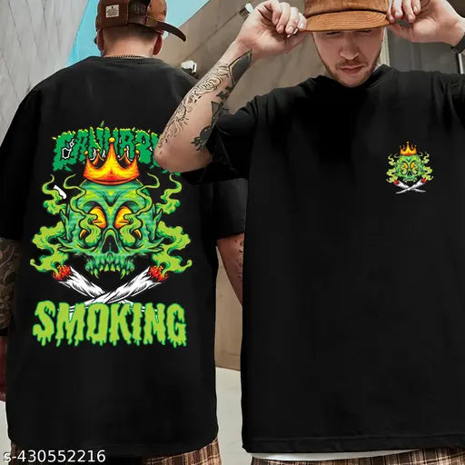 Mens black oversized round neck half sleeve graphic printed cotton blend t-shirt with skull design, perfect for casual wear and sports activities