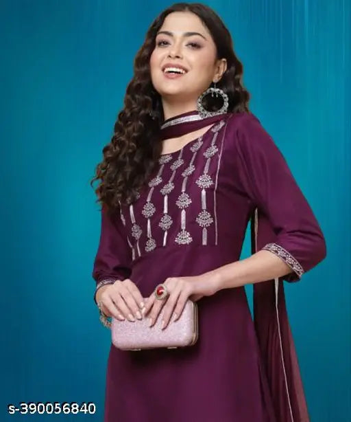 Embroidered cotton kurta set with palazzos, three-quarter sleeves, pack of 3 sizes from Aagyeyi Ensemble, India