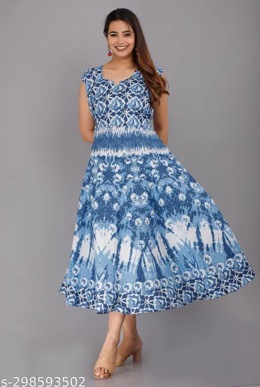 Cotton midi dress in blue for women, long length for summer and day-to-night wear, pack of one free size
