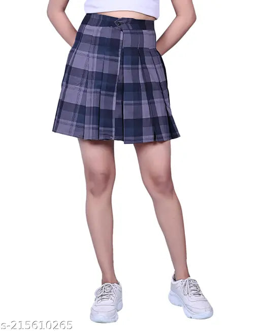Knee-length blue plaid skirt, short hem, belted waist
