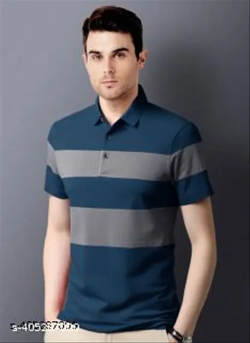Green weave men's cotton blend striped half sleeve polo t-shirt in size [N/S/M/L/XL] - versatile and comfortable, perfect for casual wear or formal occasions (India)