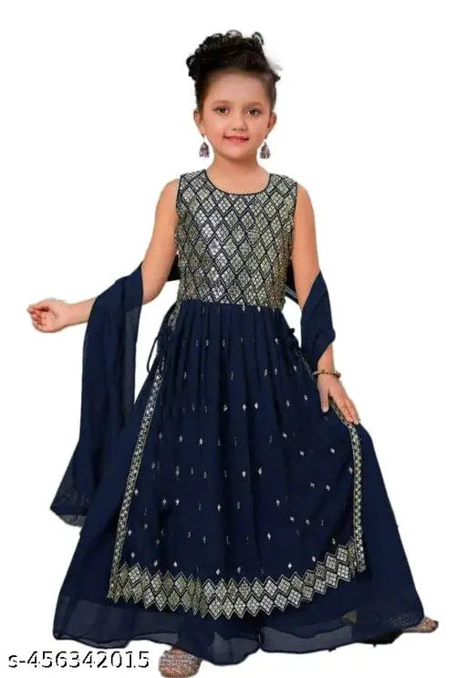Navy embroidered chiffon gown with dupatta, for girls -45632015