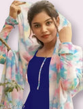 Blue Georgette gown9 with long sleeves, solid design, matching kurti and dupatta in pastel shades. Hand-embellished with buttons and dori fumka. Made in India