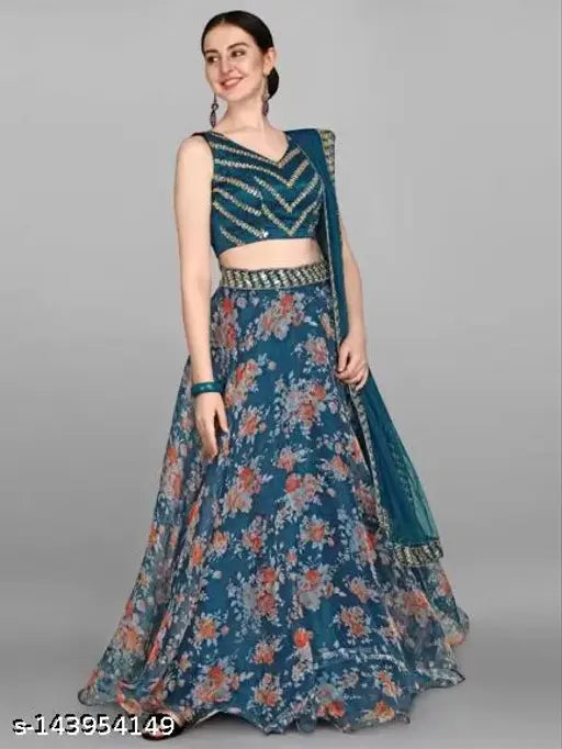 Embroidered semi-stitched lehenga choli (Rama), satin and net fabric, chevron and floral print, Indian bridal wear on display