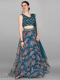 Embroidered semi-stitched lehenga choli (Rama), satin and net fabric, chevron and floral print, Indian bridal wear on display
