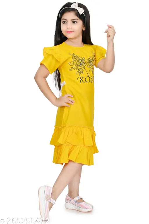 Yellow rayon short sleeve printed net dress for kids, 1-2 years, India origin