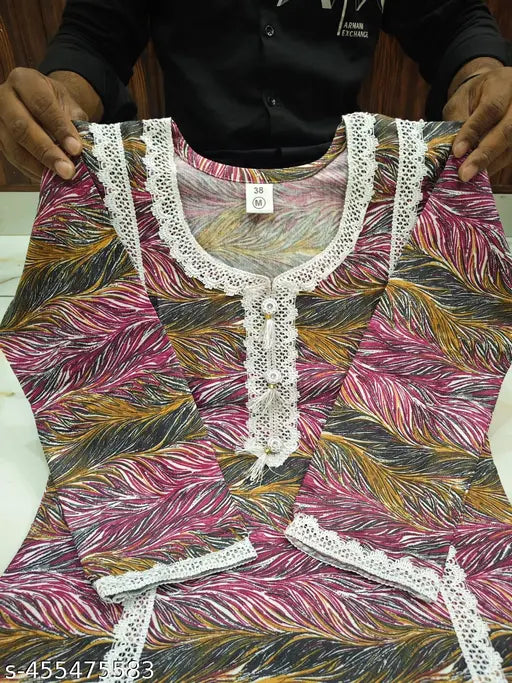 Pink and white printed kurta with lace detailing