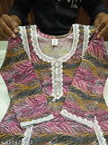 Pink and white printed kurta with lace detailing