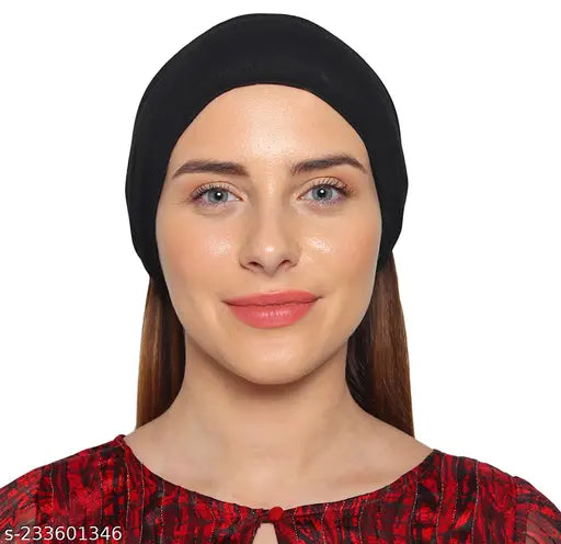 Black cotton hijab cap, four-way stretchable, pack of 2