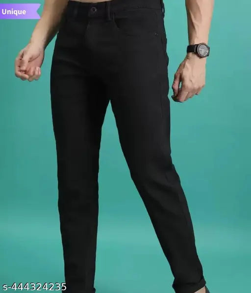 Stretchable, trendy men's regular slim fit mid rise black jeans