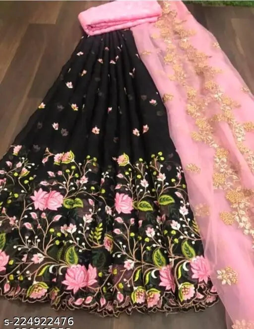 Embroidered dupion silk and net lehenga-choli, free size with embroidered dupatta, Indian new fashion design