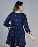 Trendy blue rayon tunic with three-quarter sleeves, printed net pattern for women, size S-XXXXL