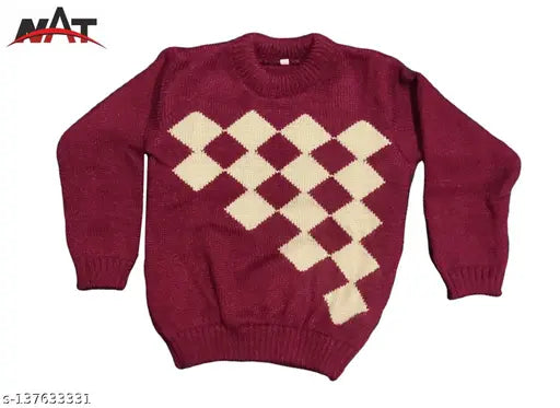 Soft wool unisex sweater for kids, embroidered net pattern on long sleeves, suitable for ages 4-5 years old, made in India