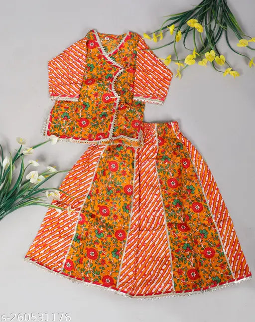 Three-quarter sleeve, printed Jaipuri cotton top/kurti & floral lehenga/skirt set (S19A) for 12-10yrs babies, Indian ethnic wear
