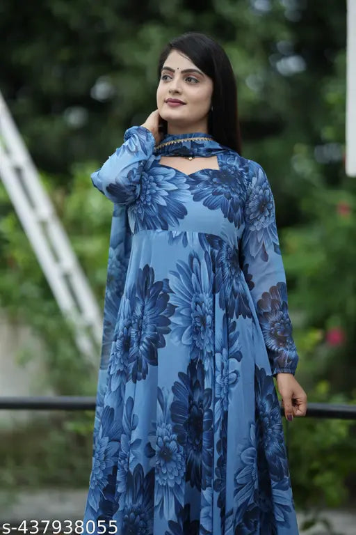 Stylish fancy trendy printed Georgette gown for women, long-sleeved, digital print, 52" length, various sizes available. Indian-origin fashion partywear or wedding attire with elastic dupatta and samosa lace collar