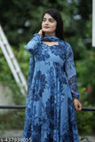 Stylish fancy trendy printed Georgette gown for women, long-sleeved, digital print, 52" length, various sizes available. Indian-origin fashion partywear or wedding attire with elastic dupatta and samosa lace collar