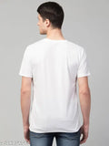 White cotton-blend men's regular fit T-shirt with Maa logo, self-design pattern on display stand. Size S (38in chest, 26in length). Made in India