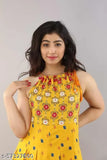 Musterd yellow printed long kurti, sleeveless rayon fabric, vibrant Indian fashion accessory