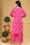 Pink printed women's long kurta with matching dupatta