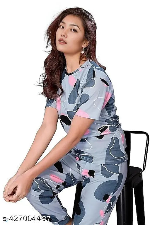 Gray Cotton Lycra Tie-Dye Women's Pajama Set - Casual and relaxed lounge wear for all seasons with short sleeves and no-fly design, featuring deep pockets in shorts for added convenience. Made in India