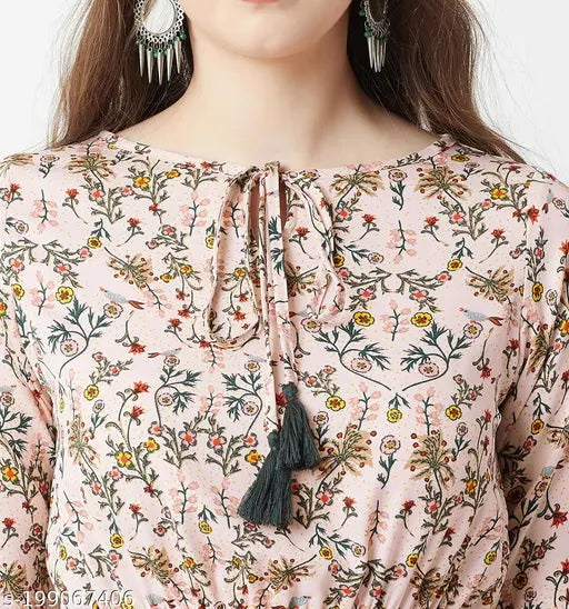 Multicolored peach base maxi top, 3/4 sleeve, round neck with tassel detailing & front slit. Indian women's fashion