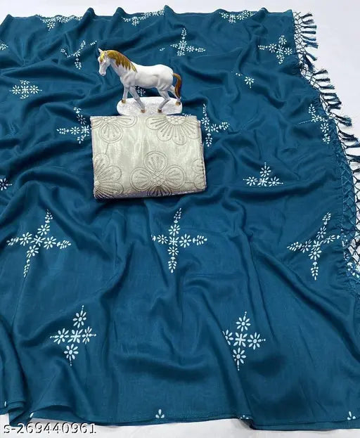 Stunning Teal Muslin Cotton Silk Saree with Satin Banglori Design Blouse, bold party wear designer saree in vichitra silk and dupion silk