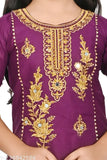 Purple Reyon Kurti and Pant Set for Baby Girl, embroidered, three-quarter sleeves, flared Sarara design. Comfortable and stylish for parties or events. Sizes range from 1-2 to 9-10 years old, made in India