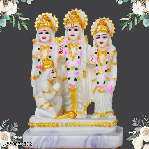 White resin Ram Darbar statue with Sita Laxman Hanuman Murti Idol for pooja room decor, 15 cm height, 12 cm length, and 7 cm breadth
