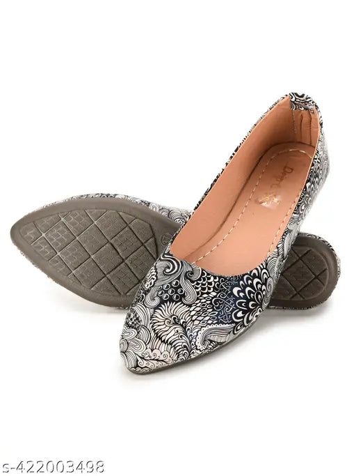 Black synthetic ballet flats with lace-up detail and metal bow clasp, comfortable and stylish for daily use