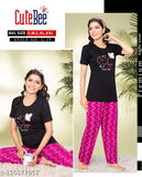 Cotton blend printed night suit and pyjama top & bottom set, short sleeves, comfortable elastic waist, floral design. Indian-made nightwear for women