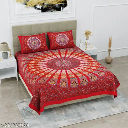 Maroon Jaipuri print double bed sheets, premium quality Poorak cotton with 2 pillow covers - soft, breathable, and perfect for summer