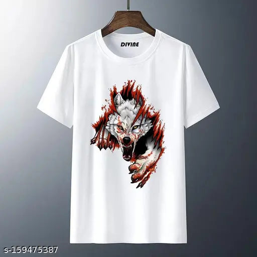 Wild Wolf printed white round neck t-shirt, short sleeves, animal print on premium polyester. Perfect for casual wear and machine washable