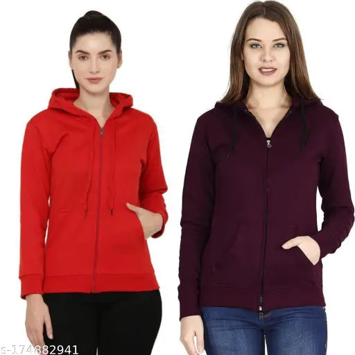 Red and wine color fleece hoodie jacket with long sleeves, casual style for women's fashion