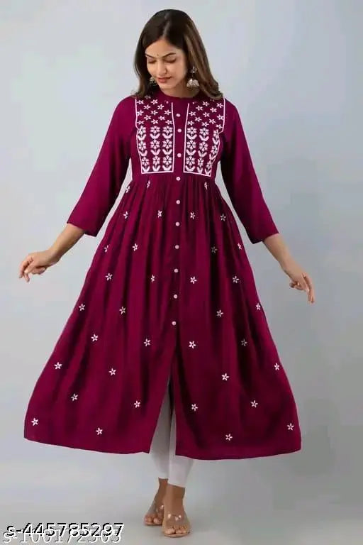Maroon embroidered women's three-quarter sleeves calf-length Rayon front-cut kurta, styled anarkali dress