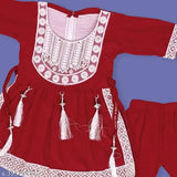 Beautiful yellow rayon kurti set for kids party wear, trendy Naira style with A-line top and pyjama bottoms, embroidered pattern, three-quarter sleeves. Vibrant colors, gentle on skin, machine washable, sizes 9-12 months to 4-5 years, Indian origin