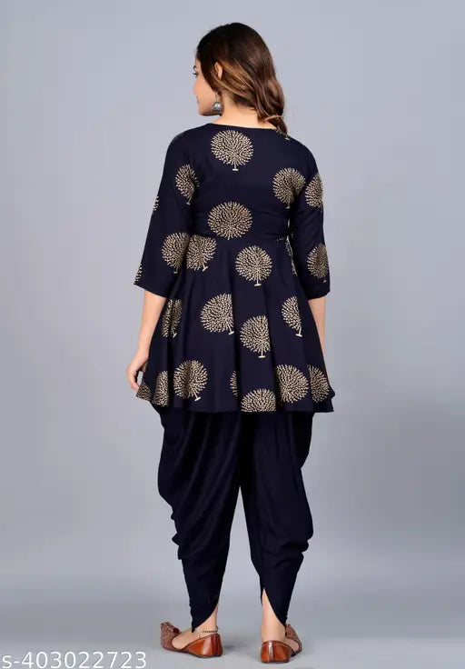 Rayon Women's Printed Dhoti Kurta Set in Maroon Anarkali Design with 3/4th Sleeves and Round Neck, embellished with Dori for versatility. Made in India
